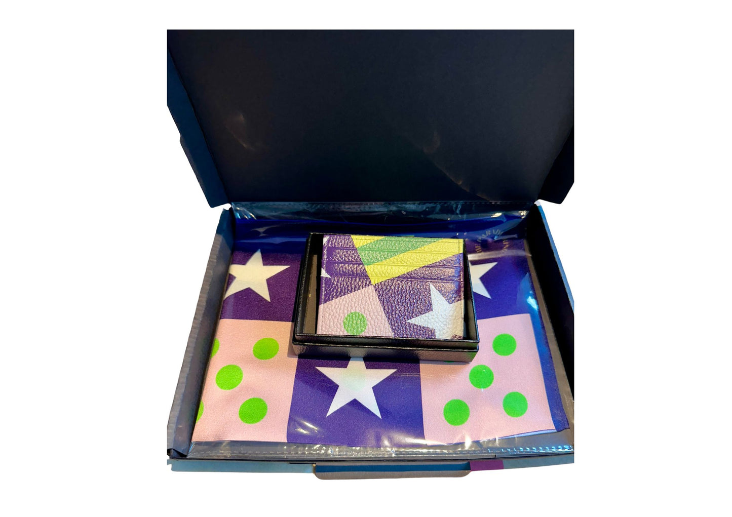 Horse Racing Pocket Square & Leather Card Holder Multi Navy Gift Set